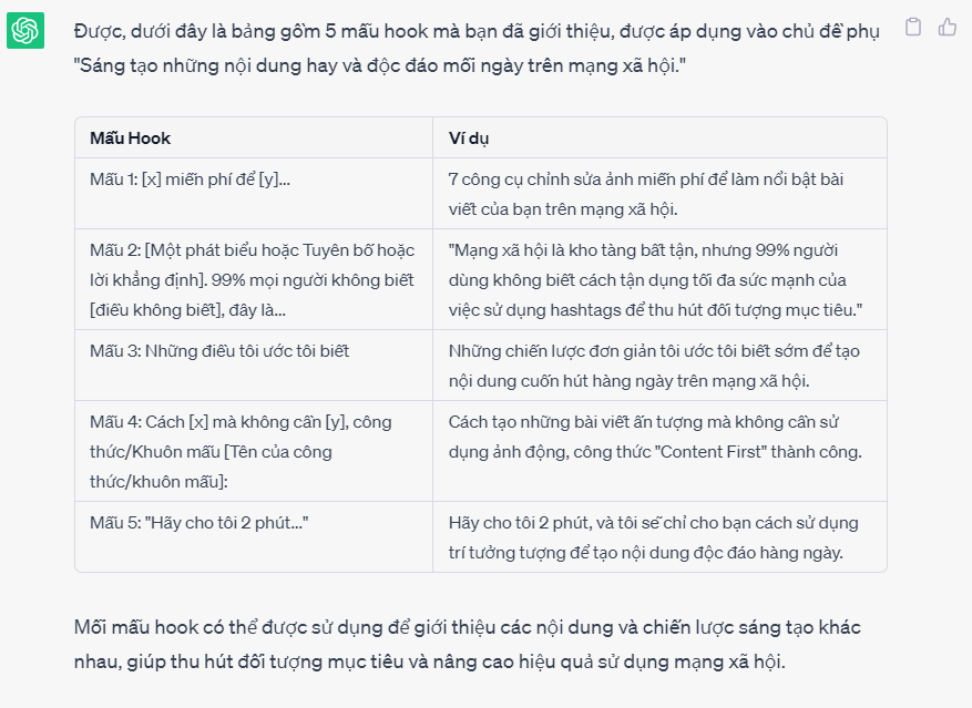 ChatGPT xuất kết quả